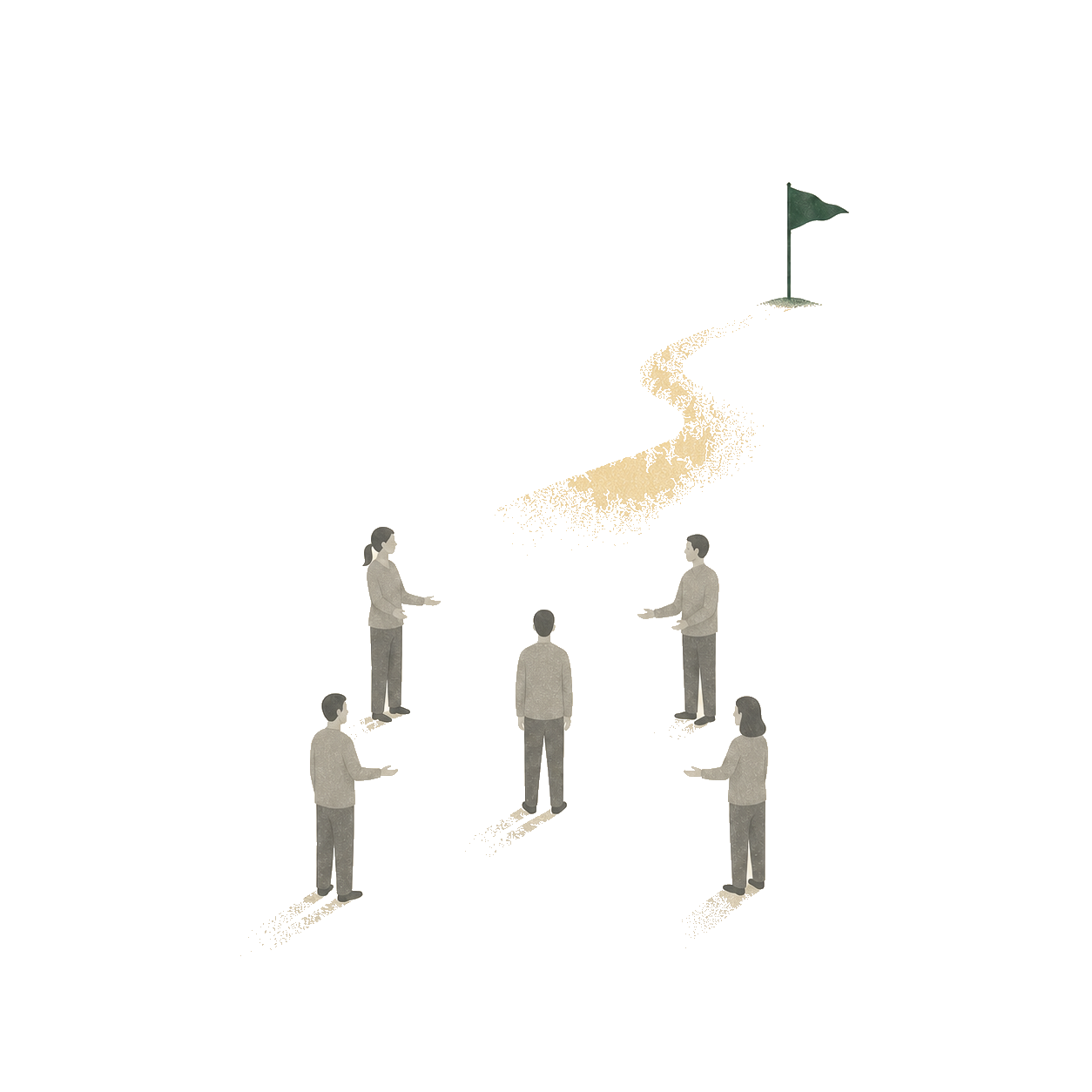 A central figure surrounded by a supportive circle, on a clear path to a reachable goal.