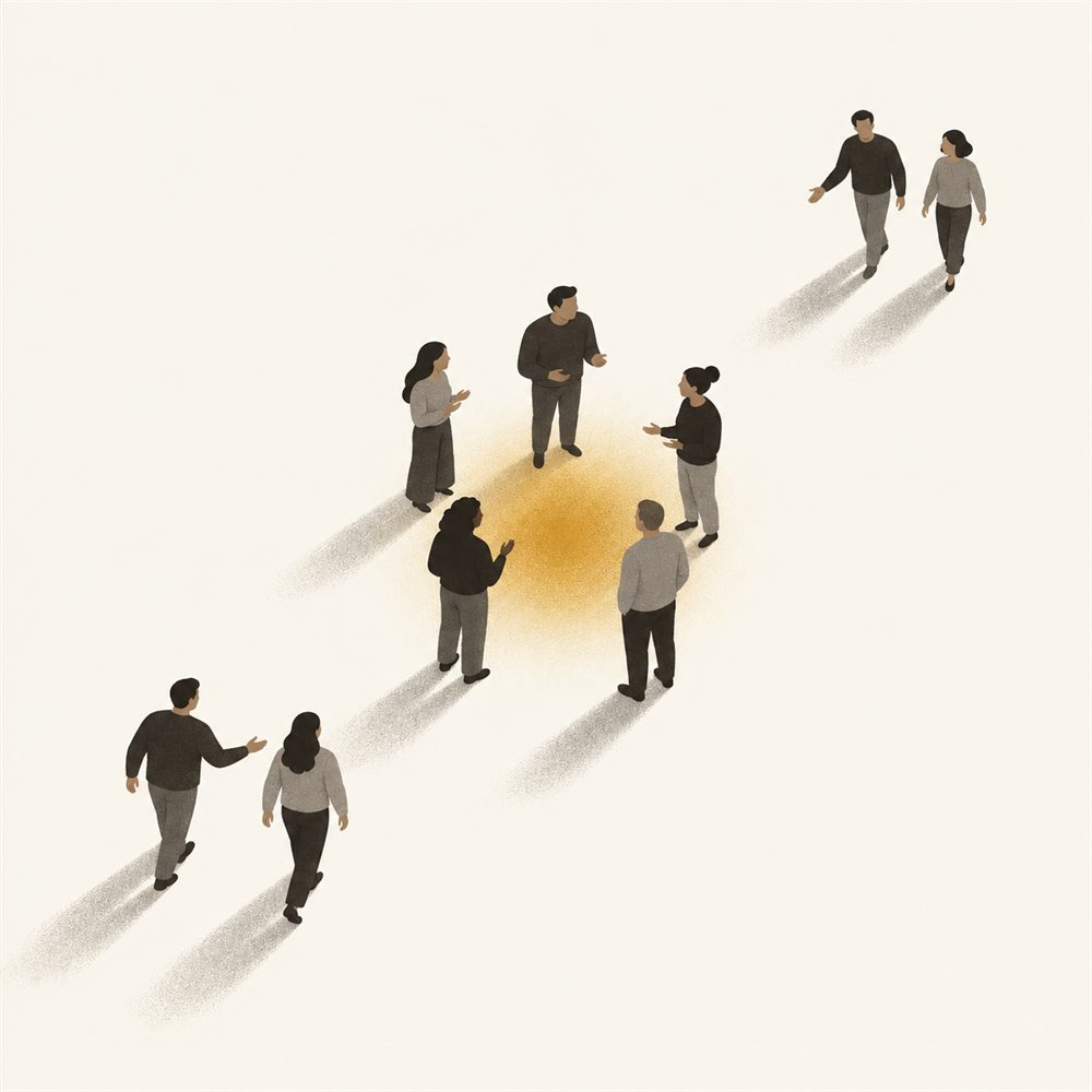 A small group talks around a warm gold light while two members walk in, each bringing a newcomer along.